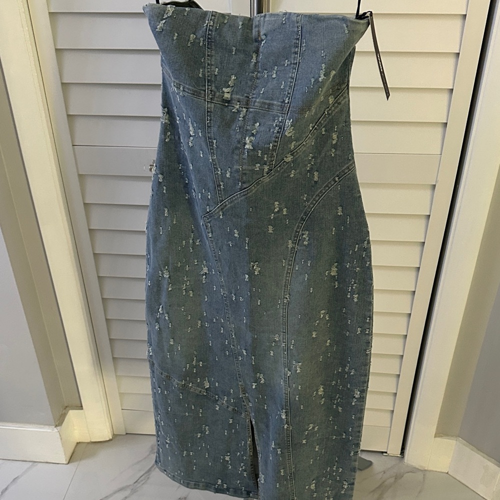 Fashion Nova Blue Distressed Strapless Dress
